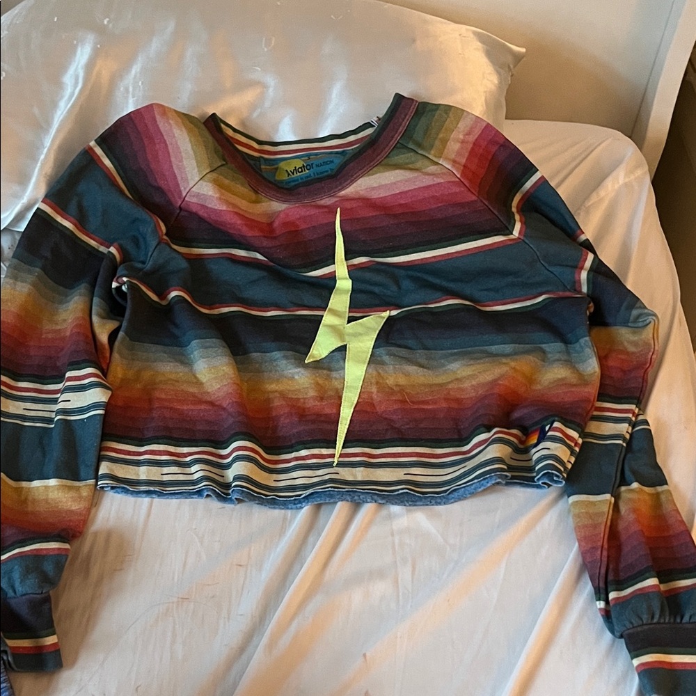 Aviator Nation Multicolor Striped Sweater with Yellow Lightning Bolt